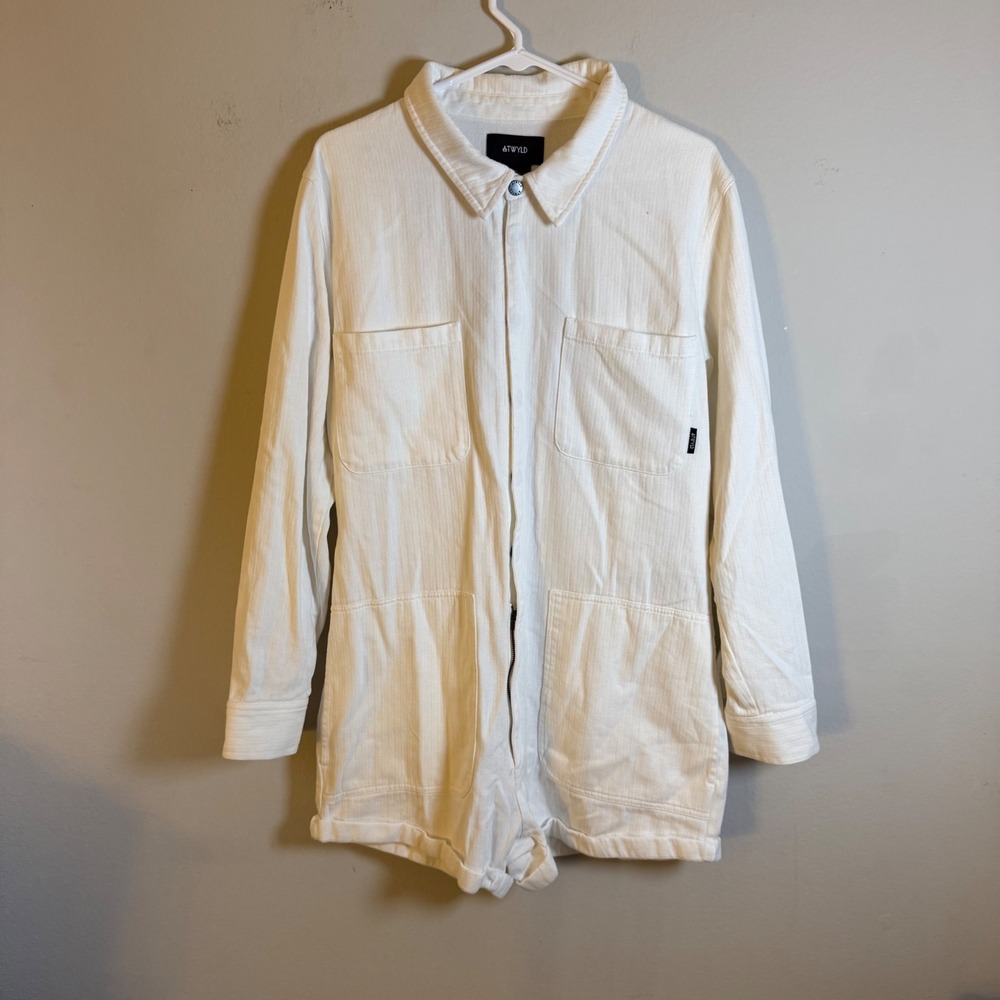 ATWYLD Womens White Herringbone Cotton Utility Romper Long Sleeve XL Boiler Suit